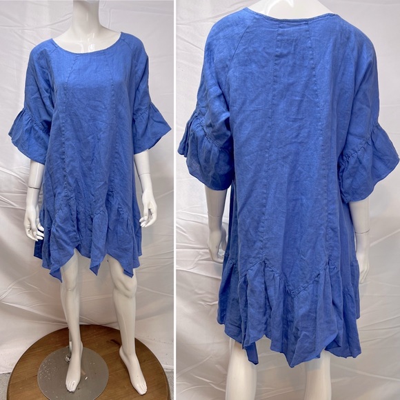 Match Point Cornflower Blue Linen Peasant Sleeve Shark-bite Hem Shirt Dress L - Picture 1 of 6